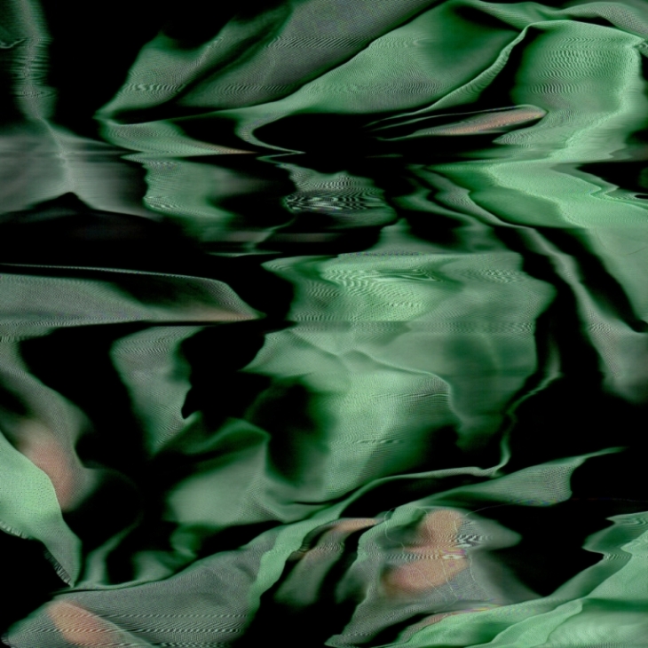 Artworks from installation Gravity Blanket. Frayed polyester chiffon in green and fingers - Inari Sandell