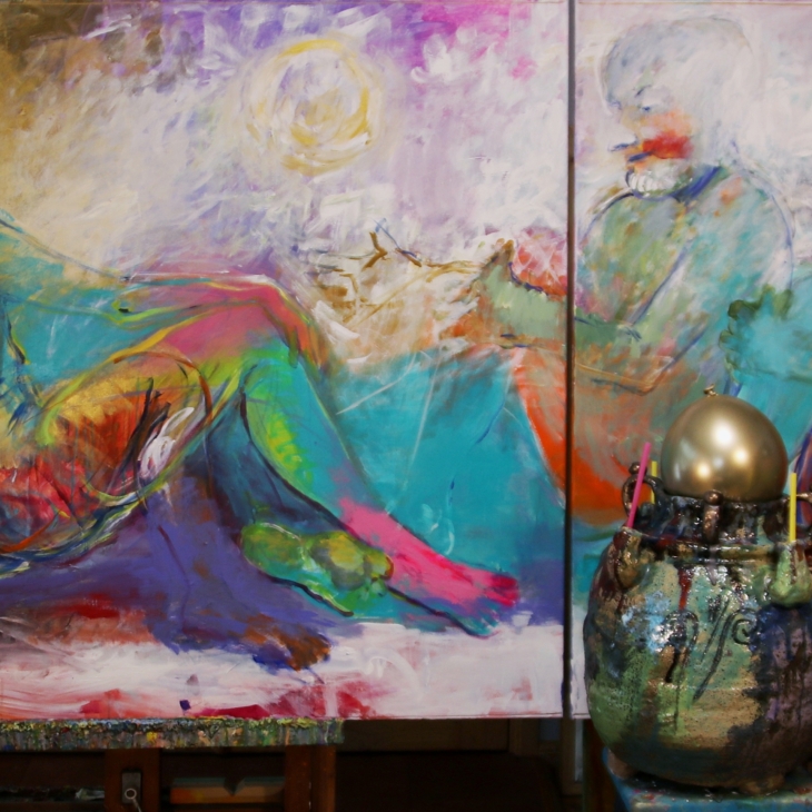 Painting "Seekers of Truth" and Jug for Five by Piret Rohusaar